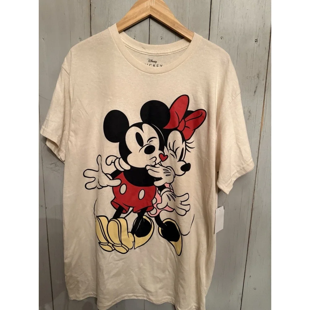 Disney‎ Mickey Mouse & Minnie Mouse Kissing Cream T-shirt Lg New